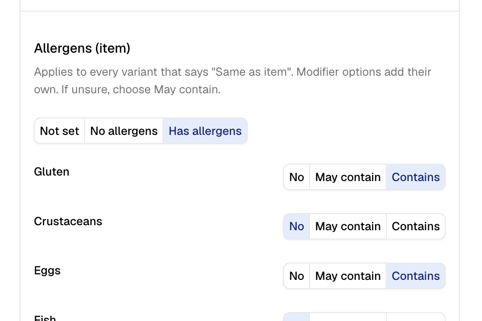 Each allergen set to No, May contain or Contains