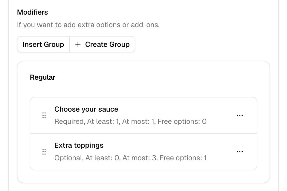 An item's modifier groups for each size, with their rules