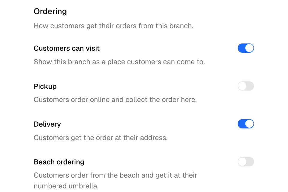 The Ordering section of a branch: who can visit, pickup, delivery and beach ordering
