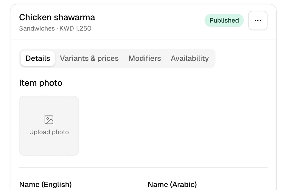 The item editor with its tabs and the Published badge