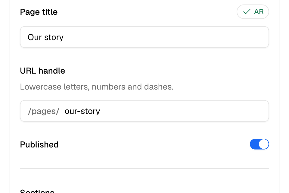 Pages: a page with its title, address and Published switch