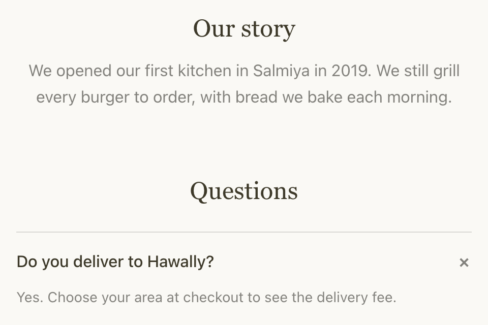 On your store: an Our story page with a text section and questions