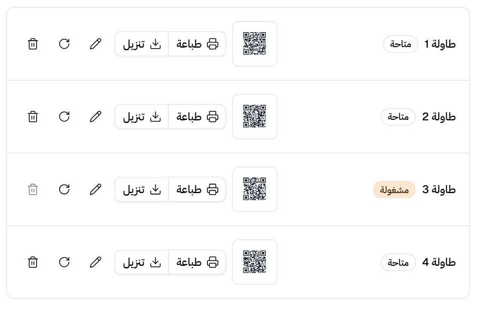 صفحة الطاولات: كل طاولة ورمز QR الخاص بها وأزرارها