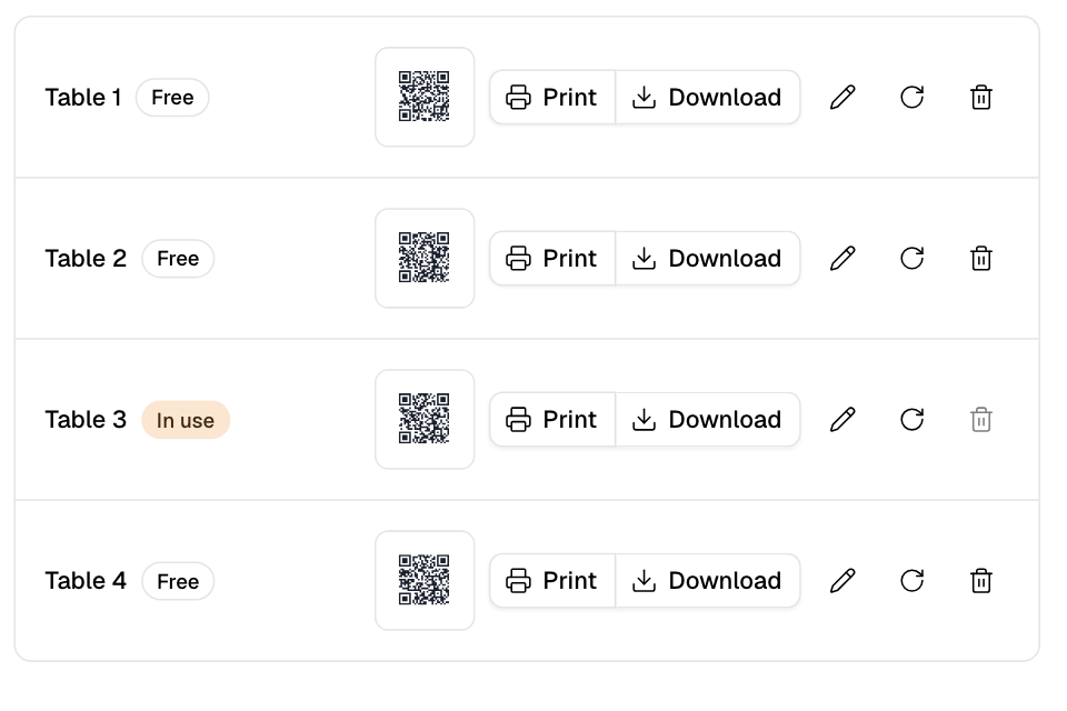 The Tables page: each table with its QR code and actions