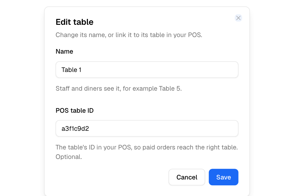 Edit table, with the POS table ID