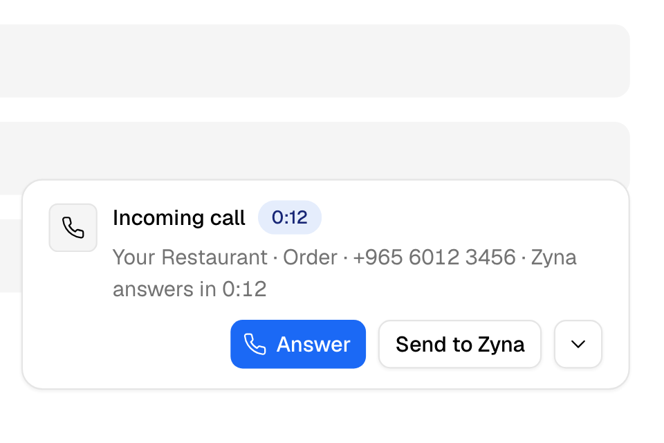A call rings in the call bar. Answer it, or send it to Zyna
