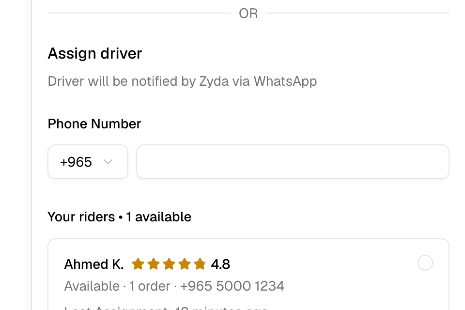 Assign driver: pick one of your drivers, or type a new phone number