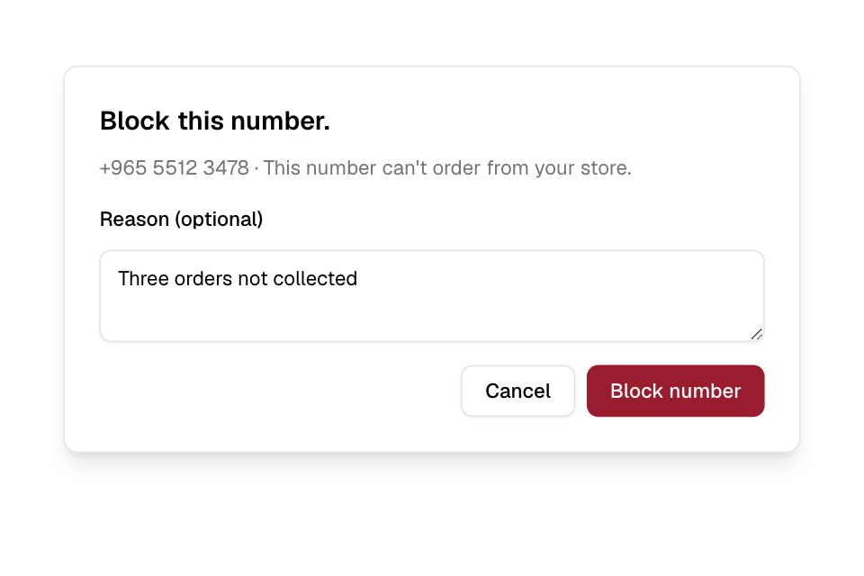 Blocking a number: the confirm window with a reason