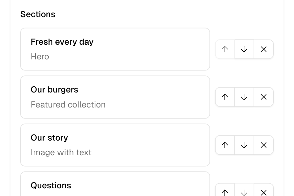 Home page sections: the list of sections and Add section