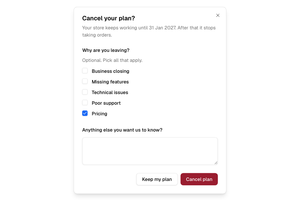 Cancelling a plan: the last day and the optional reasons