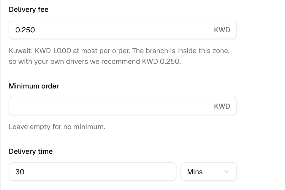 The delivery fee, minimum order and delivery time in the Edit zone sheet