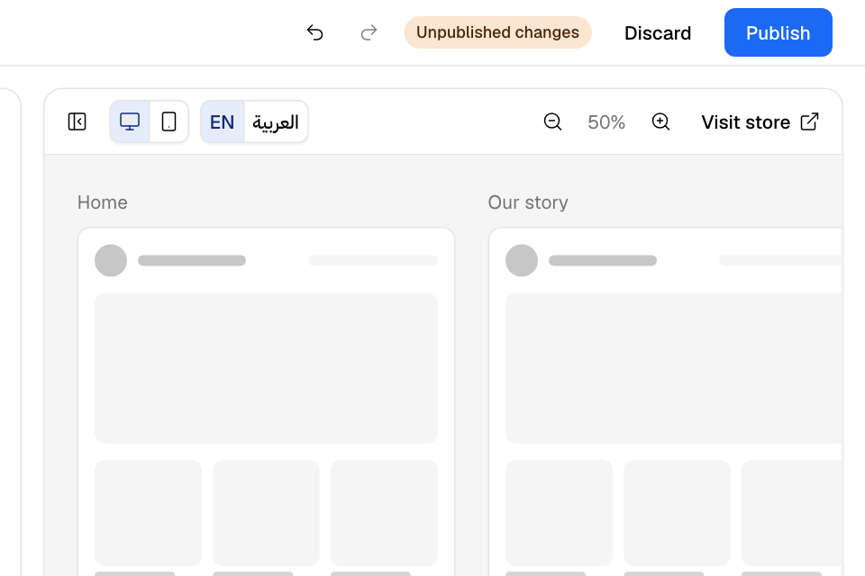 The top of the storefront editor: Undo, Redo, the Unpublished changes badge, Discard and Publish