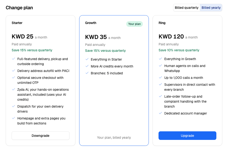 Change plan: the plans side by side, each with one button