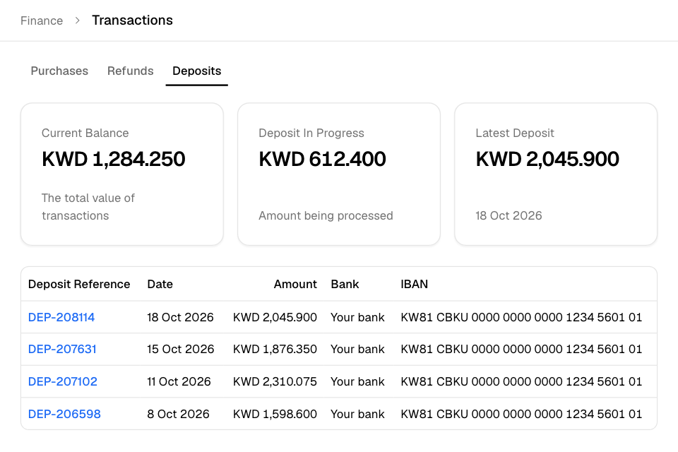 Deposits: your balance, the money in progress and each deposit