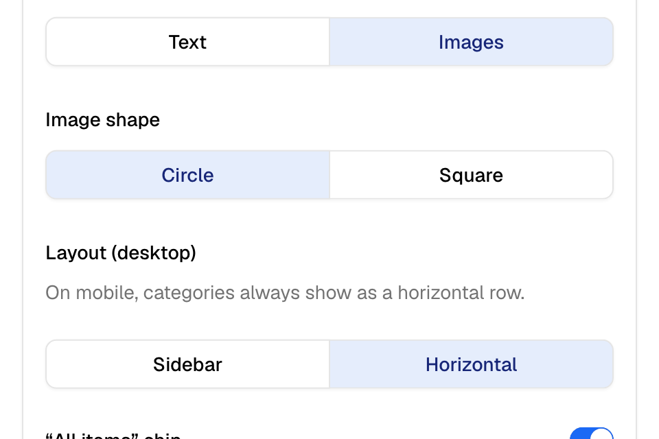 Catalog > Layout: category navigation as Images, with the image shape Circle or Square
