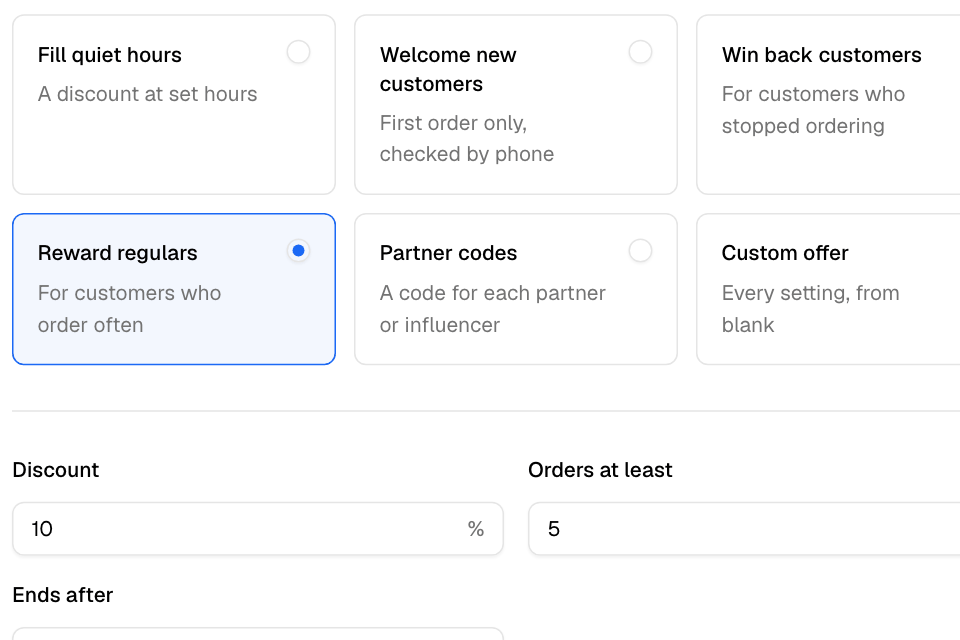 Offers for new customers, customers who stopped ordering, or regulars