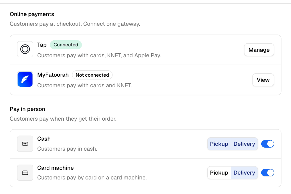 The Payments page: online gateways and pay in person methods