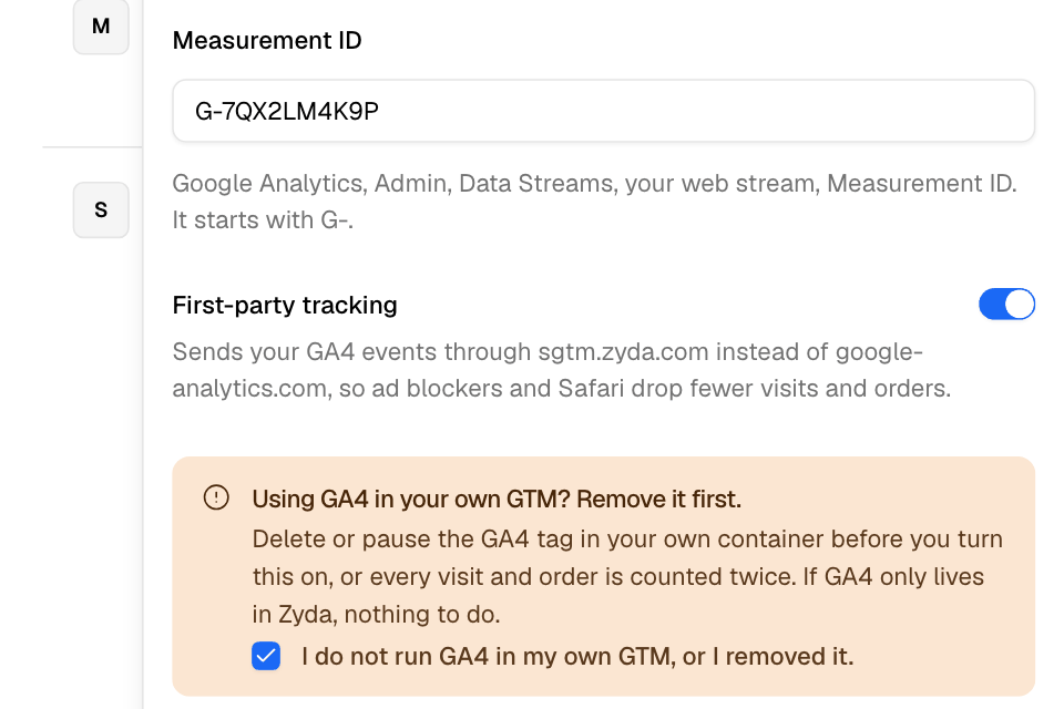 The Google Analytics 4 sheet with First-party tracking on