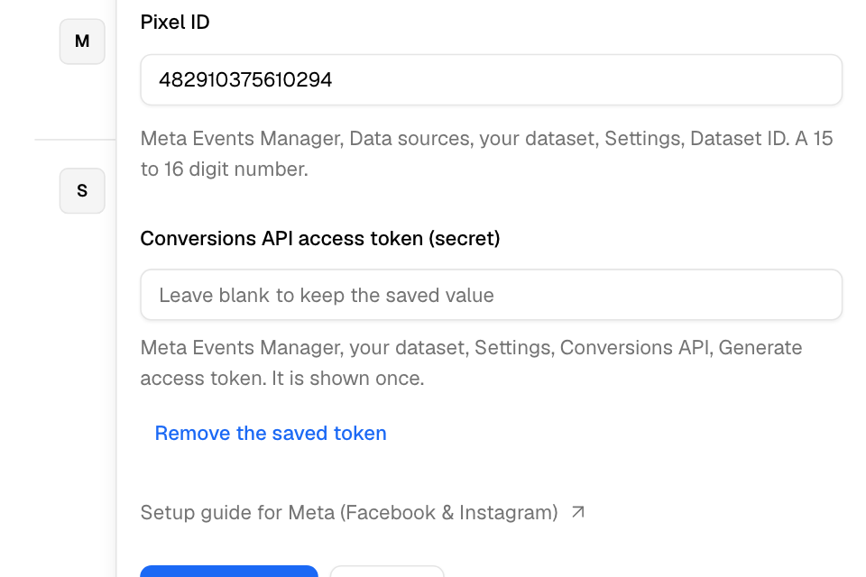 The Meta sheet with the Pixel ID and the Conversions API token