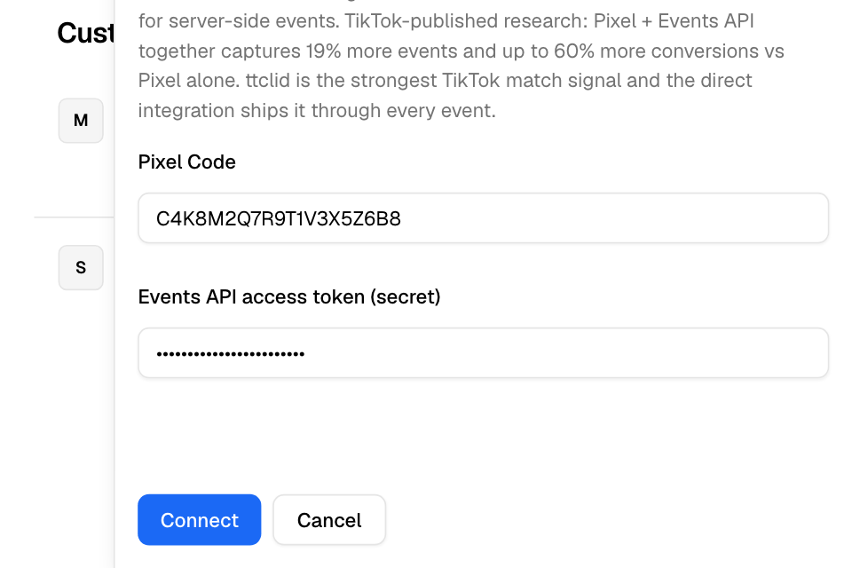 The TikTok sheet with the Pixel Code and the Events API token