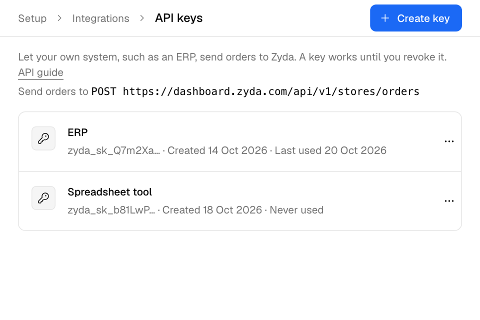 The API keys page, with the address your system sends orders to