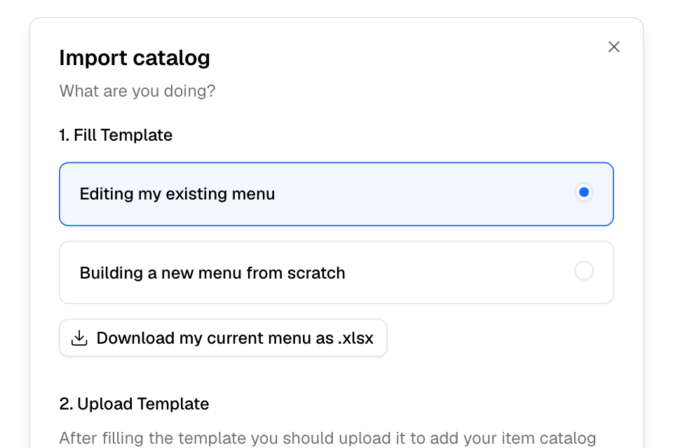 The import window: choose Editing my existing menu, then download the menu