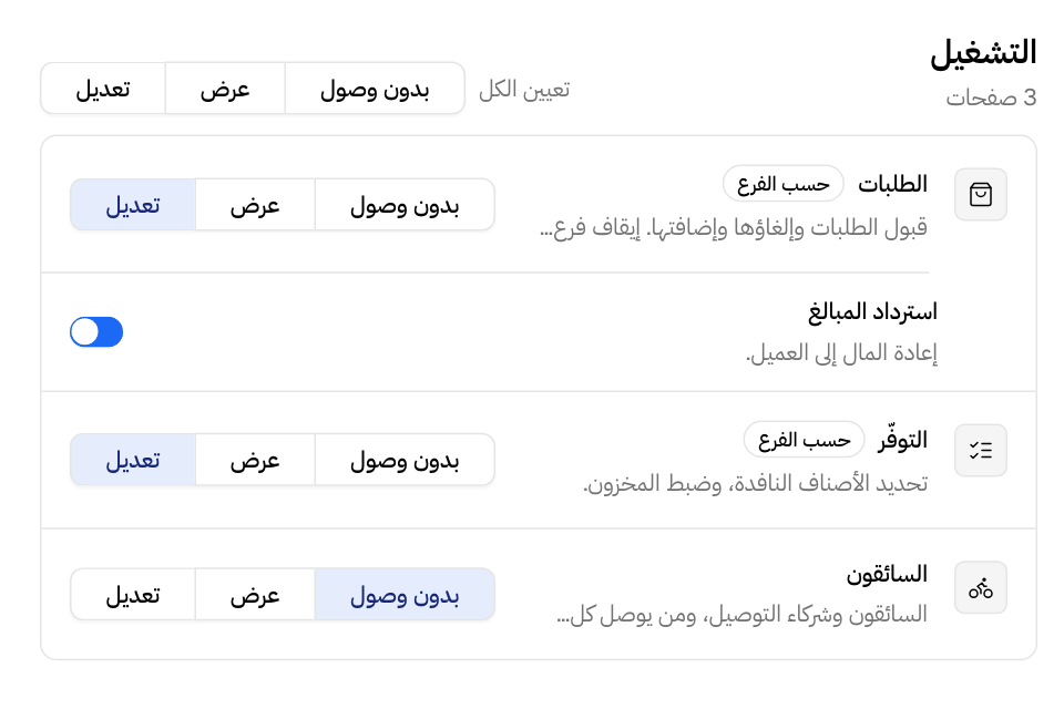 اختيار بدون وصول أو عرض أو تعديل لكل صفحة