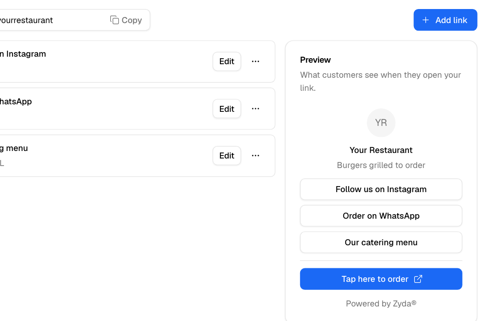 Link in bio: your page address with Copy, your links, and the preview customers see