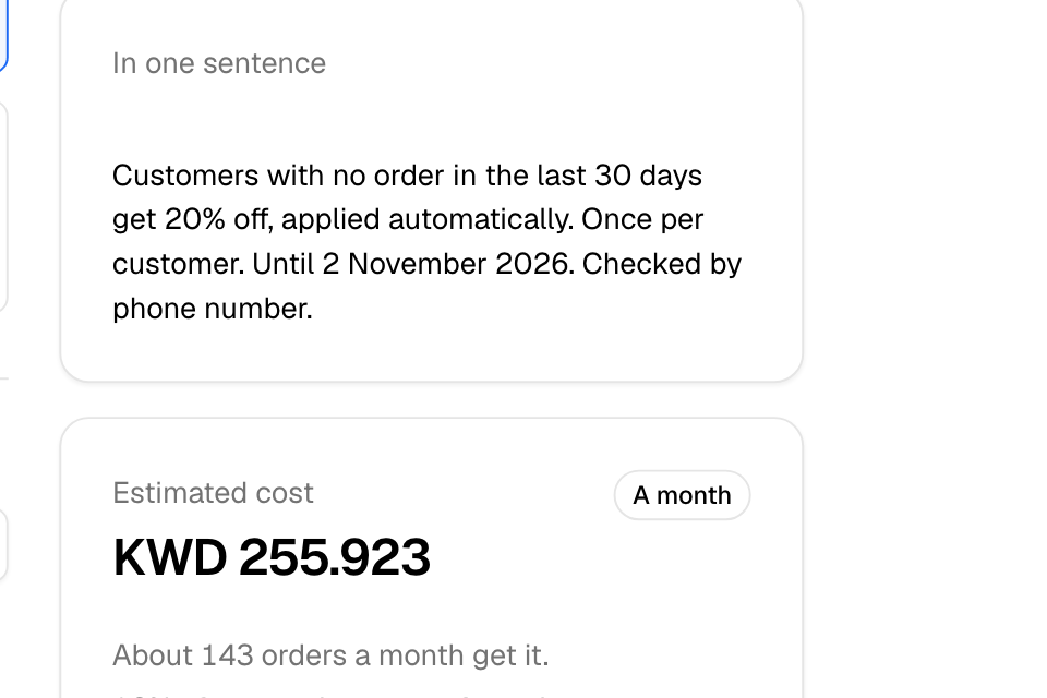 A new offer in one sentence, with its estimated cost
