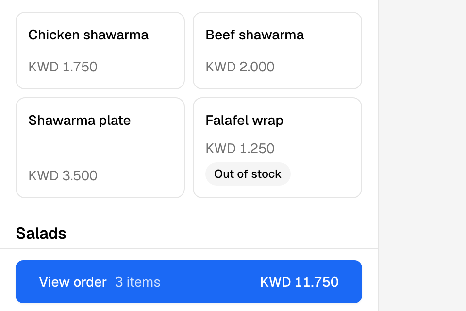 Creating an order: the menu and the bar at the bottom