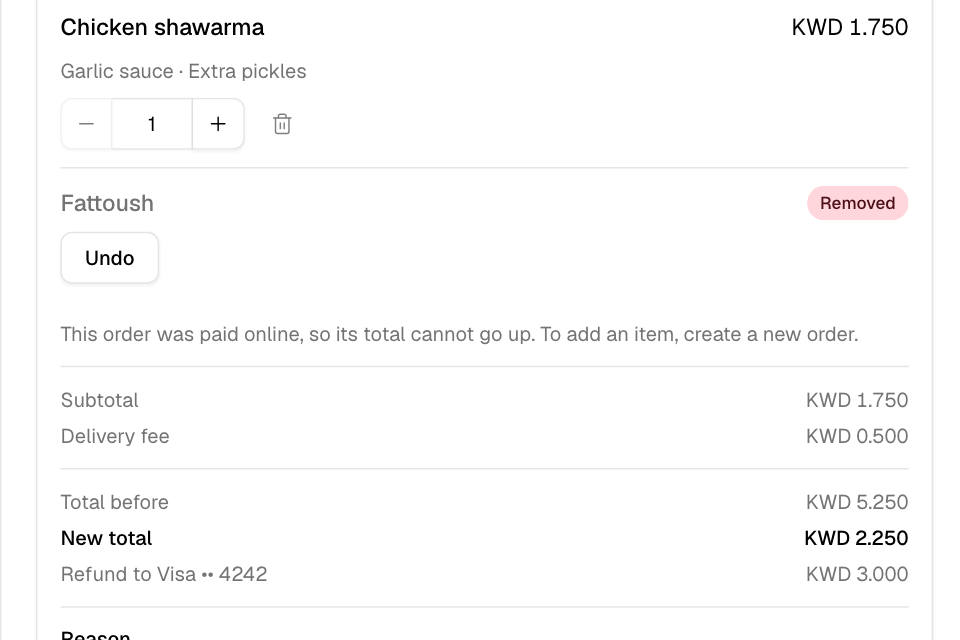 Editing an order: a removed item, the new total and the refund