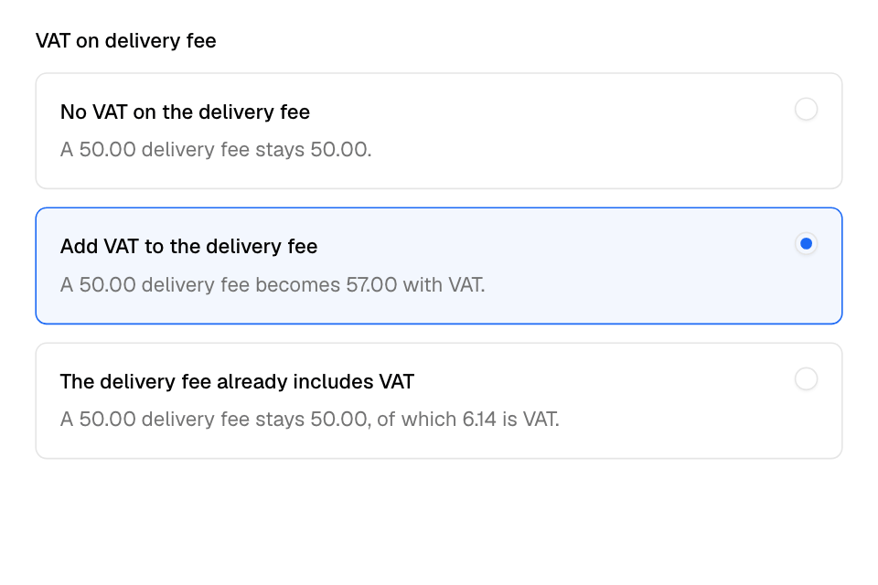 VAT on the delivery fee, with an example for each choice