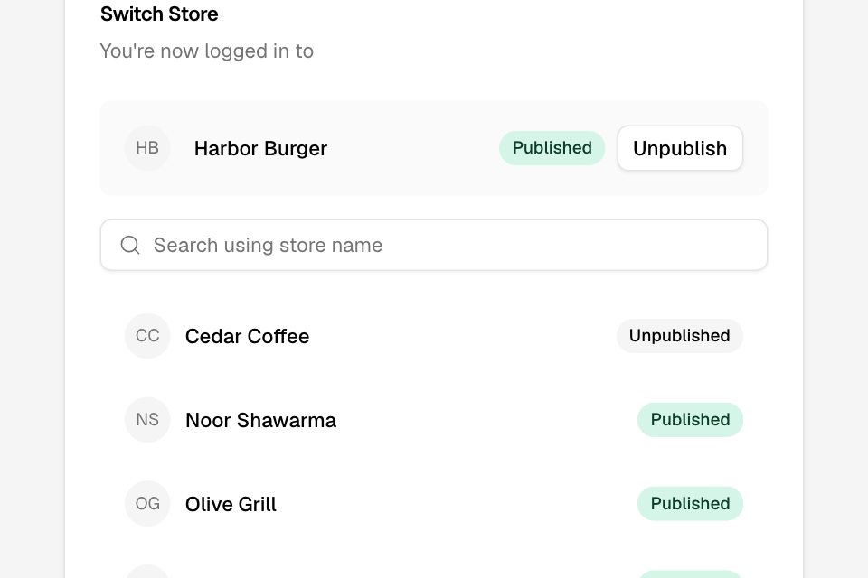 The Switch Store page: the brand you are in, a search box and your other brands with their badges