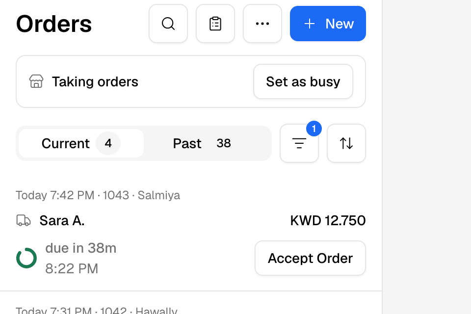 The Orders header with search, filters and the ⋯ menu