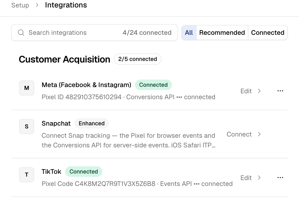 The Integrations page, with Meta connected