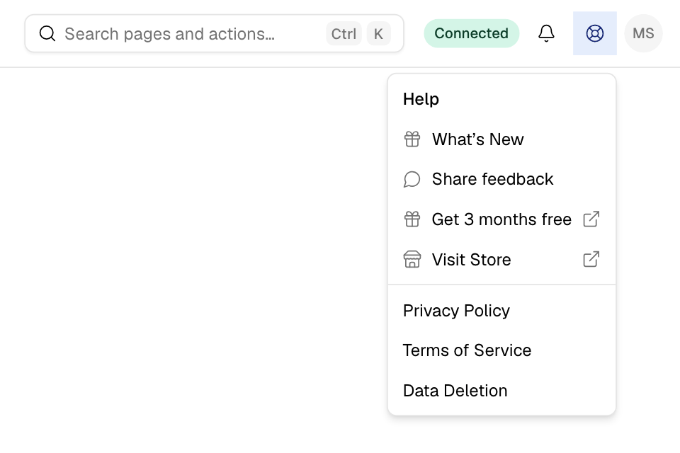 The Help menu, open from its icon in the top bar