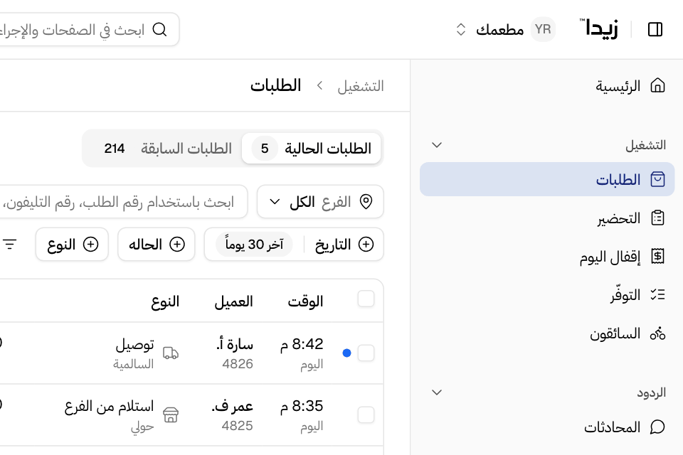 تجمع القائمة الجانبية الصفحات حسب العمل، وفي الشريط العلوي اسم المتجر ومربع البحث