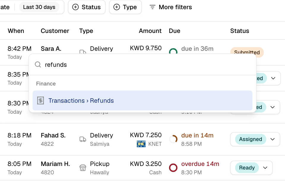 Type "refunds" to find Transactions › Refunds