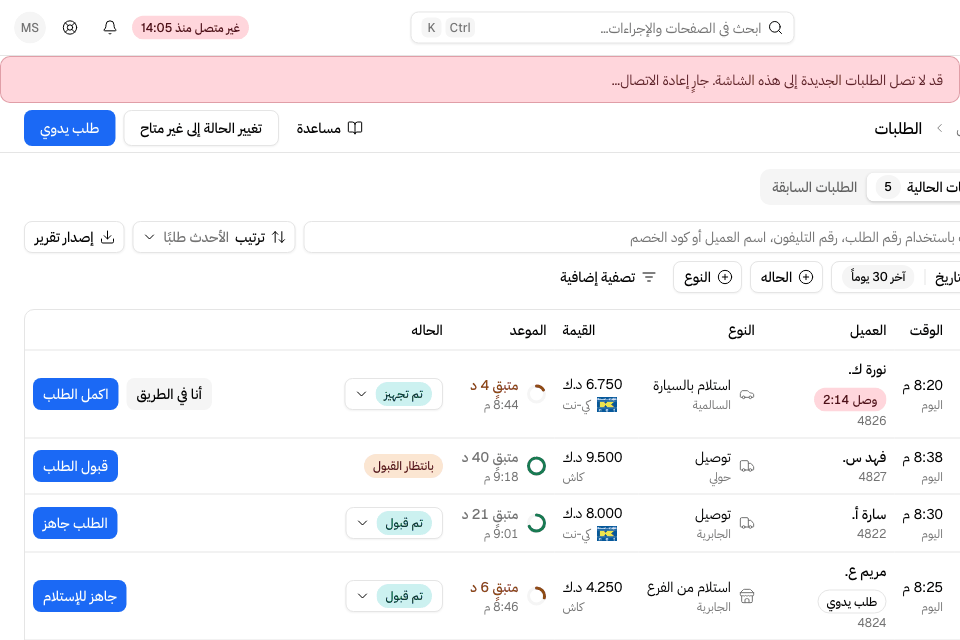 إذا انقطع الاتصال، ظهر في الشريط العلوي «غير متصل منذ» وظهر شريط أحمر ينبهك
