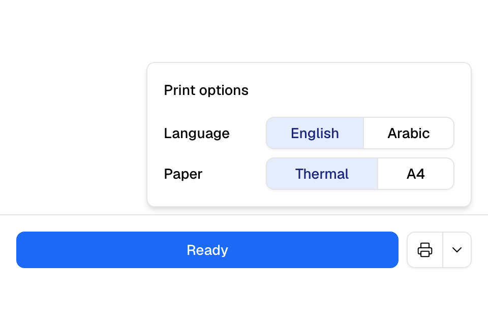Print options next to the printer button: Language, and Paper Thermal or A4