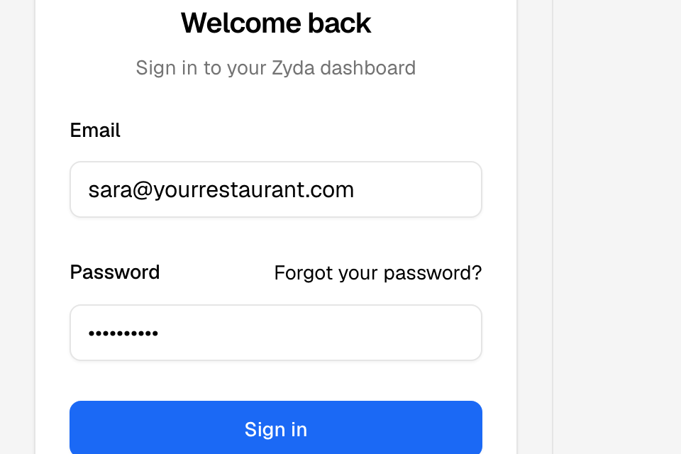 The Zyda app sign-in screen