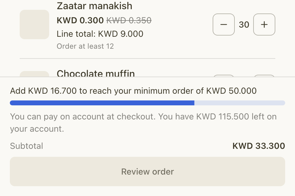 The bottom of the page: the minimum order, what is left on account, and Review order
