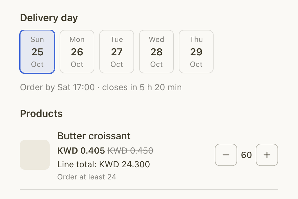 Delivery days and business prices on the ordering page