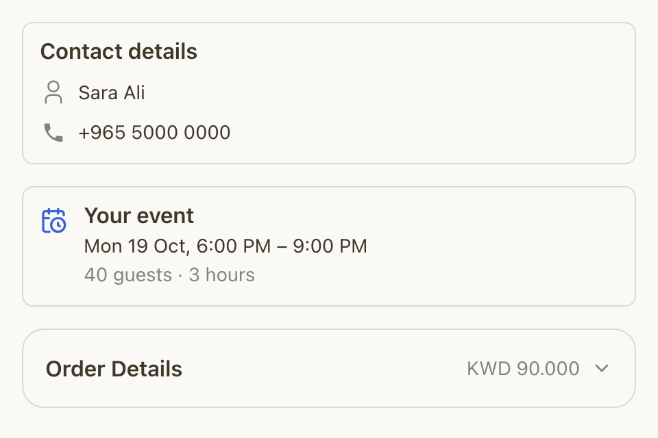 The Your event card after the order