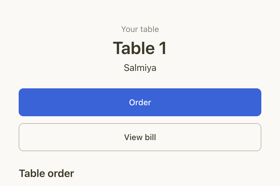 The guest's table page: the table's name, Order and View bill