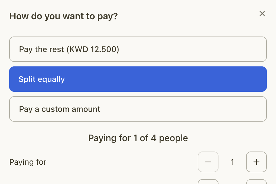The guest's pay sheet with Pay the rest, Split equally and Pay a custom amount