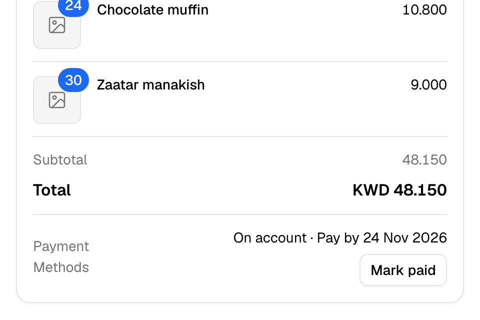 An order on account with its pay-by date and Mark paid