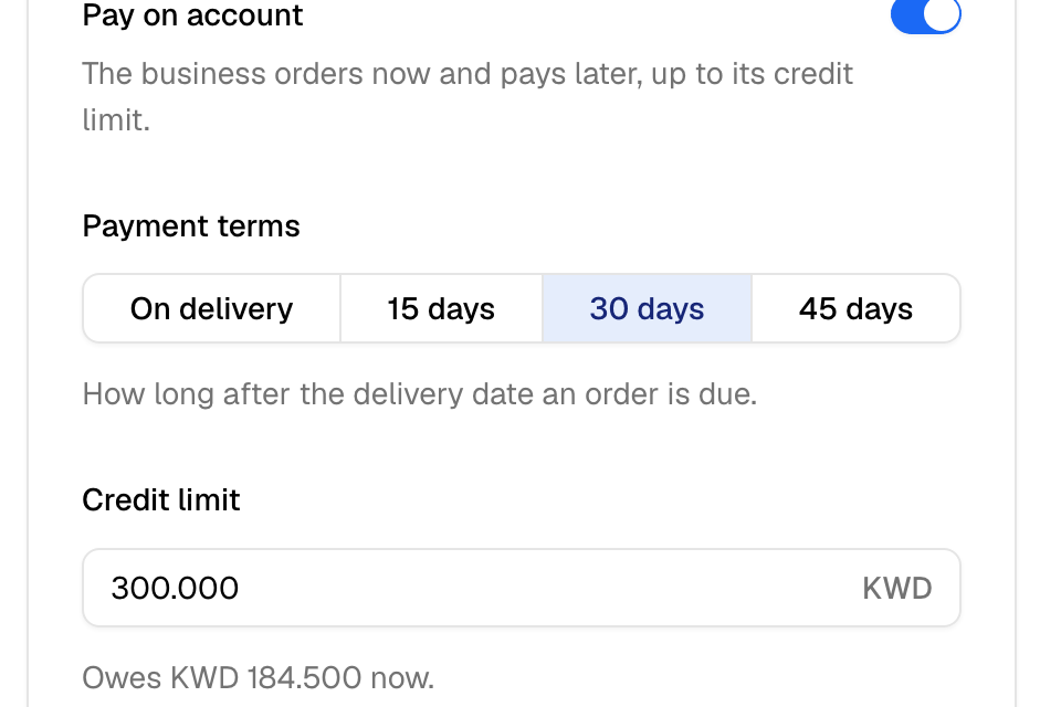 The Account card of a business