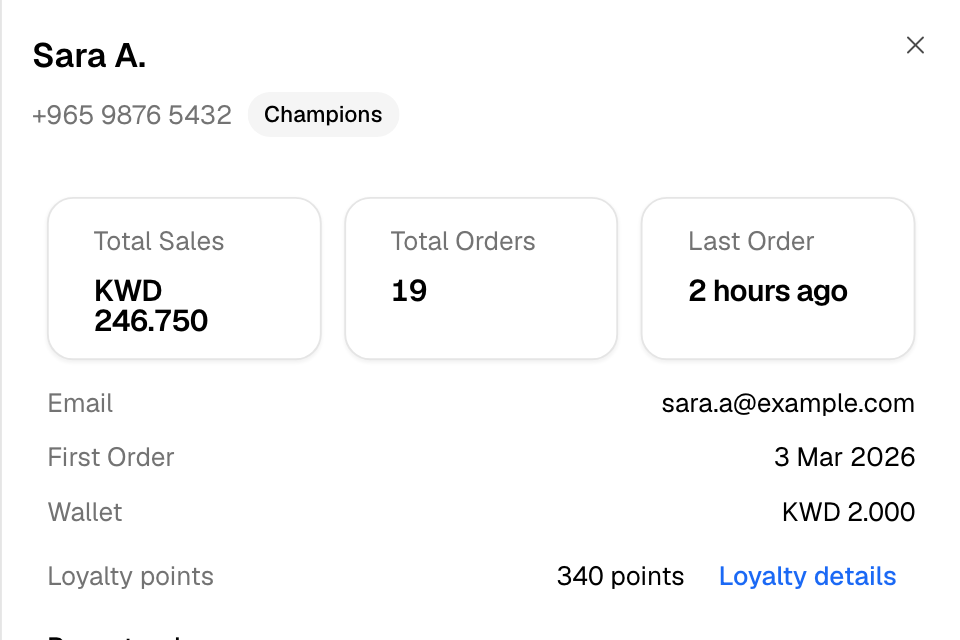 The customer panel: total sales, orders, wallet and loyalty points