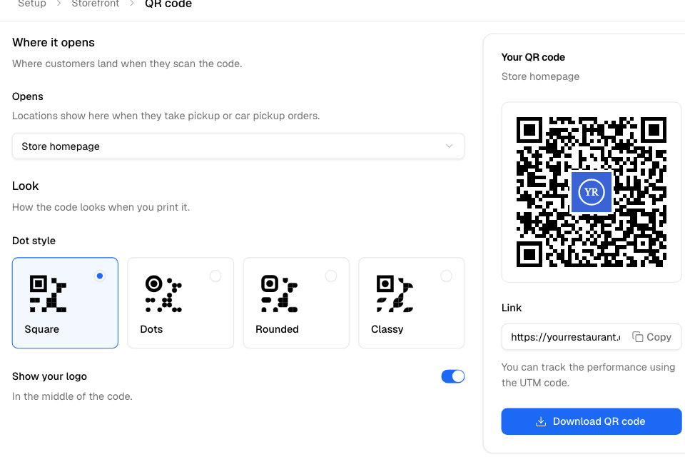 QR code: the dot styles, and your code with its link and Download QR code